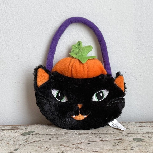 Crystal Temptations Other - Crystal Temptations Black Cat Pumpkin Plush Halloween Handbag Purple Handle